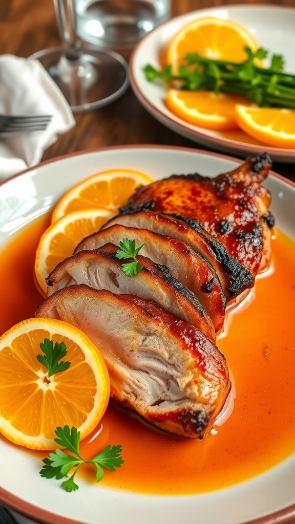 Crispy duck breast glazed with orange sauce, garnished with orange slices and parsley on a rustic table.